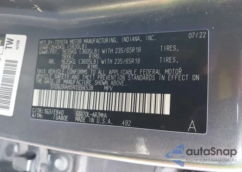 2022 Toyota Highlander Xle from USA, damaged, VIN 5TDGZRAH5NS554538